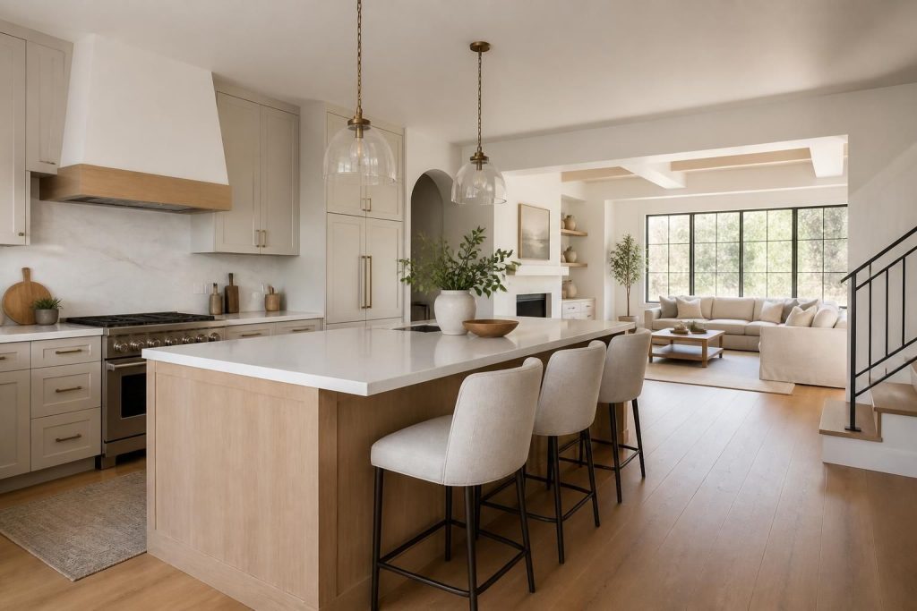 Finished modern kitchen and living space with warm natural light.