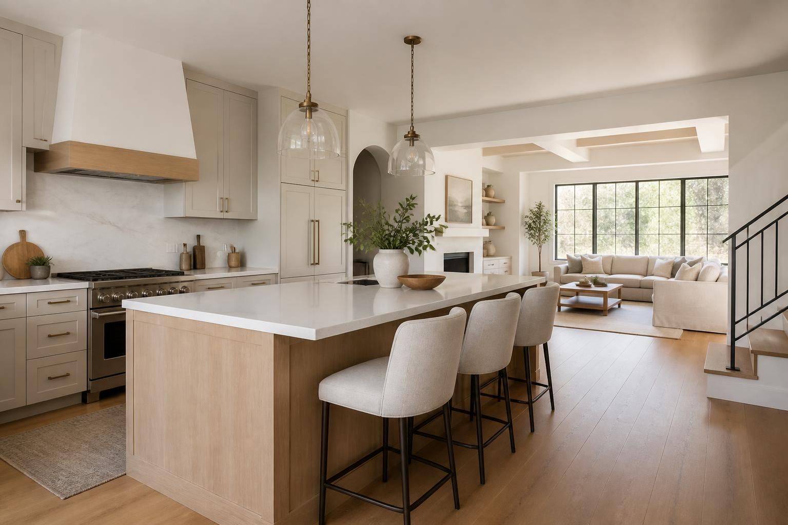 Finished modern kitchen and living space with warm natural light.