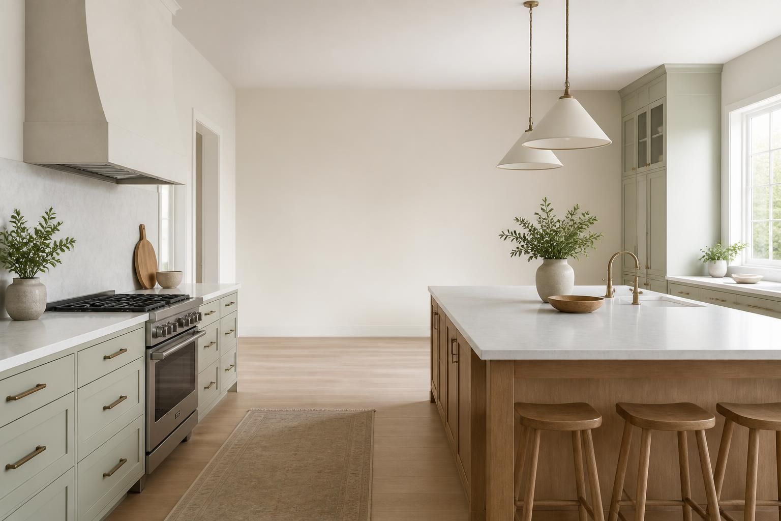 Spacious renovated kitchen with open counter space and natural light.